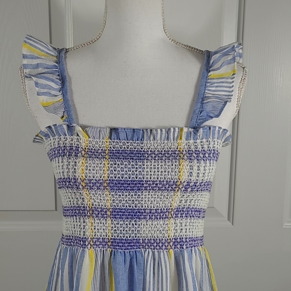 NWT Cotton Maxi Dress Sundress w/ Ruffle Straps Striped Blue Yellow & White - Picture 5 of 17